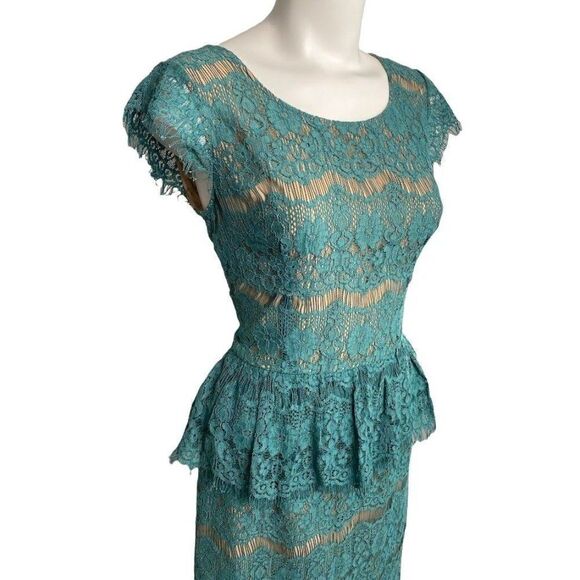 Maeve Anthropologie Elsa Teal Lace Illusion Peplum Sheath Dress Sz XS NEW - Picture 2 of 9